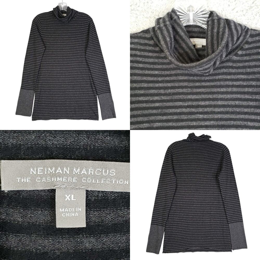 Neiman Marcus 100% Cashmere Sweater Mock Neck Striped Gray Luxury Size M/L